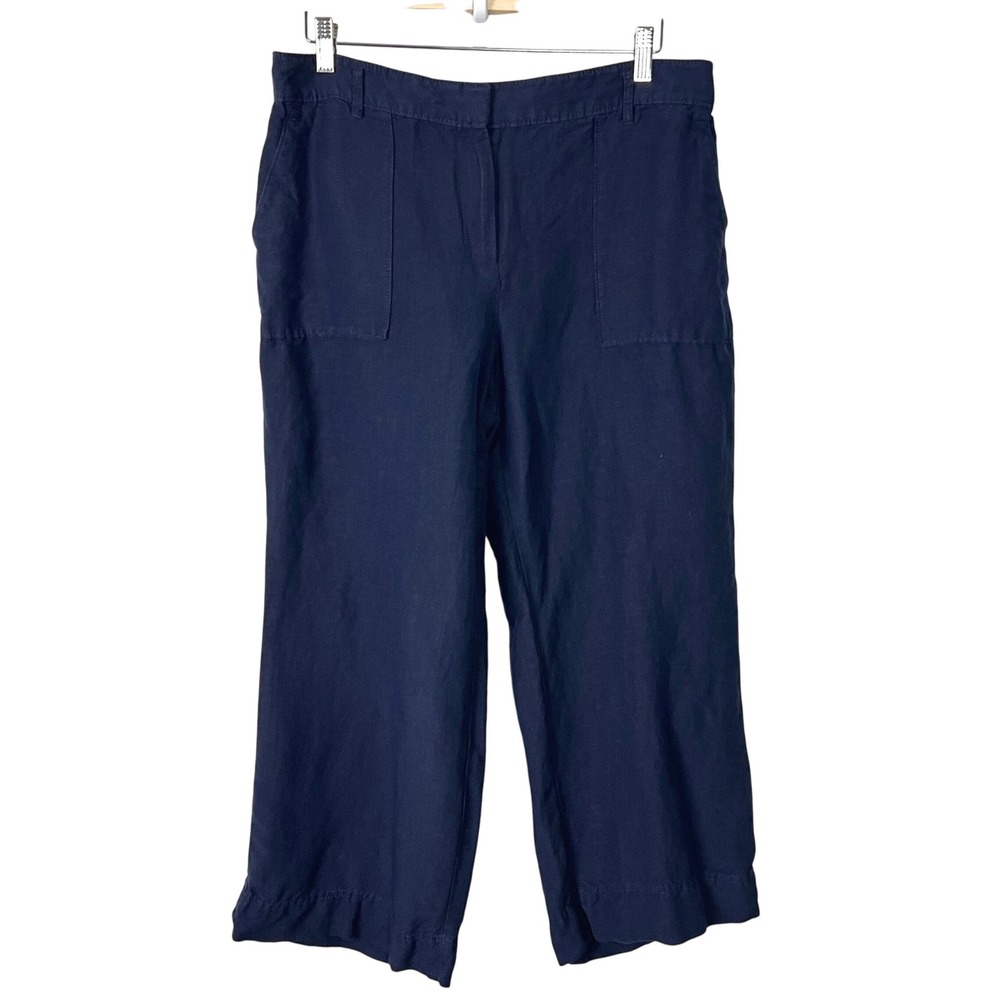 Ann Taylor Navy Blue Linen Blend Wide Leg Crop Pants Women's Size 12P Petite